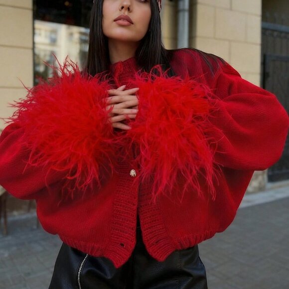 Red Casual Women's Furry Cuffs Metal Button knit sweater cardigan - Picture 4 of 7